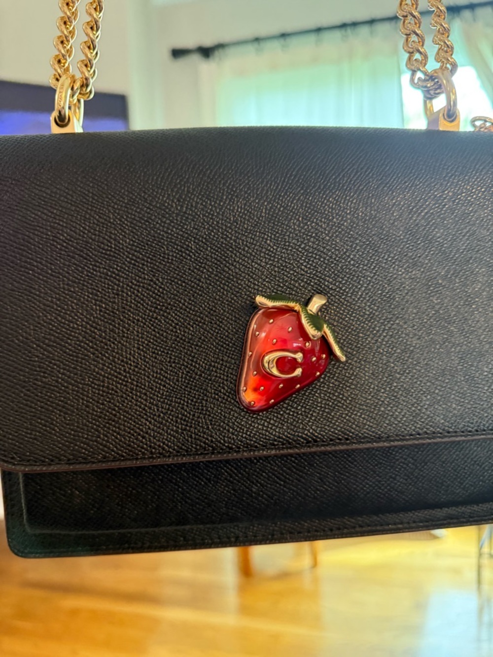 Coach Strawberry Chain Crossbody Clutch Black Leather Gold Chain NWOT - Picture 3 of 6